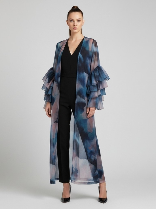 Anthropologie Pants - Anthropologie Sheer Watercolor Kimono Duster Ruffle Sleeve One Size
